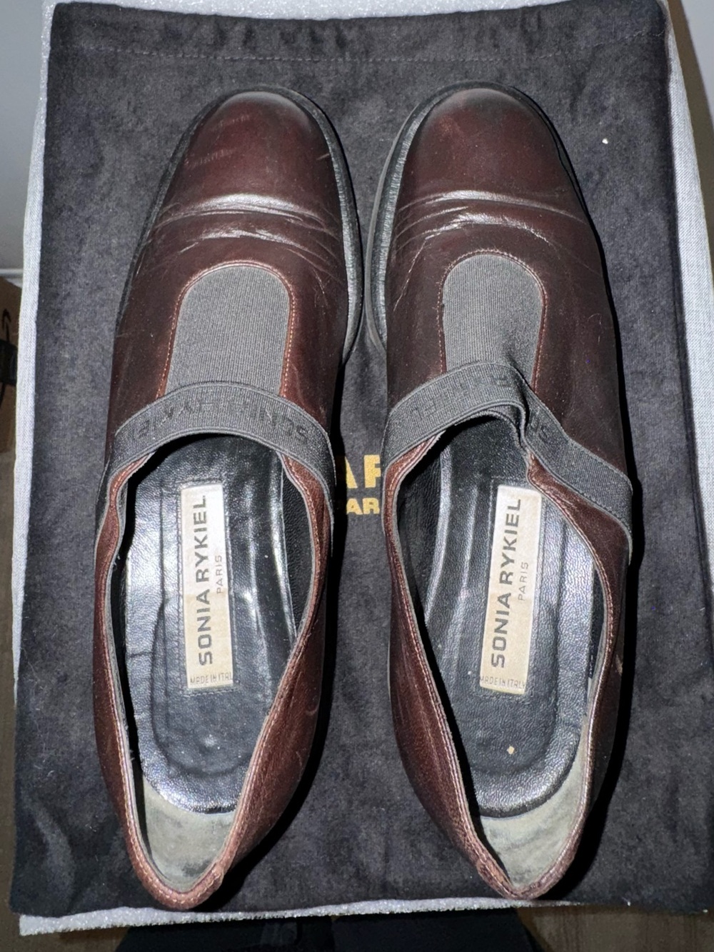 Sonia Rykiel Dark Brown Leather Slip-On Loafers with Elastic Vam